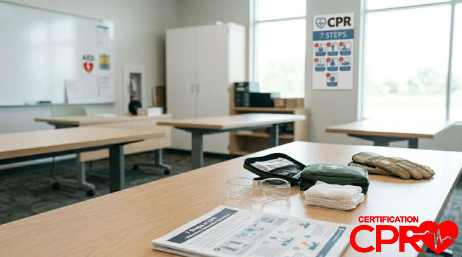 CPR training setup with manikins and instructional materials in Chicago.
