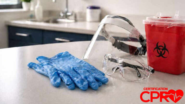 CPR training supplies including gloves, goggles, and biohazard container in Chicago.